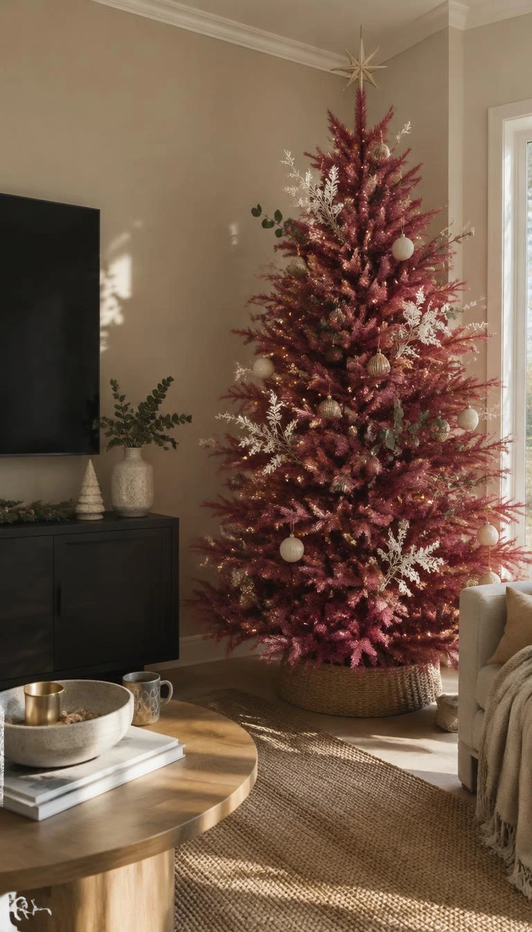Balance Magenta Needles with Bare Dried Florals A candid, realistic iPhone photograph of a living room with a Christmas tree, showing a bold magenta tree softened by dried bleached ruscus, seeded eucalyptus sprigs, beige walls, soft morning sun, and minimal holiday decor