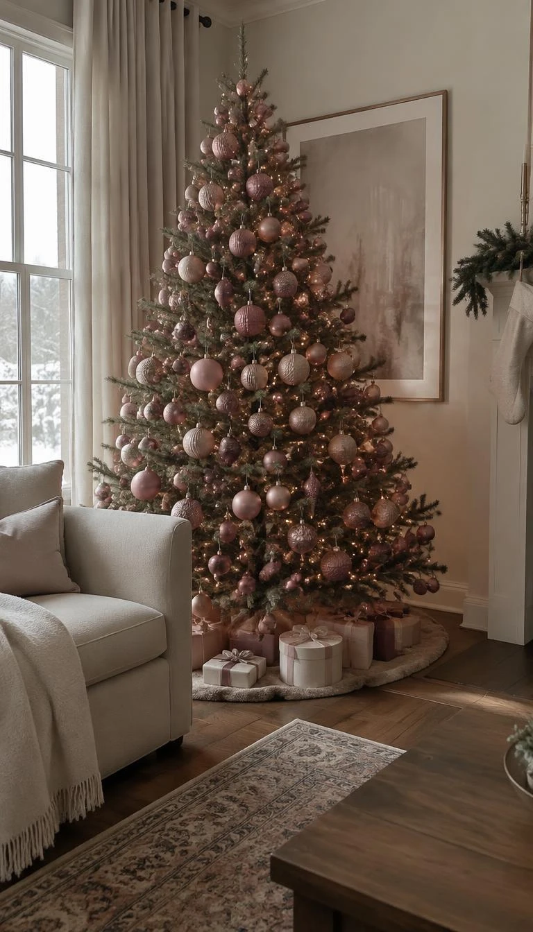 Keep a Dusty Rose Tree Monochromatic A candid, realistic iPhone photograph of a living room with a Christmas tree, capturing a dusty rose tree decorated strictly with ornaments in tonal shades of mauve, blush, and rosewood, soft natural winter light, and a neutral armchair
