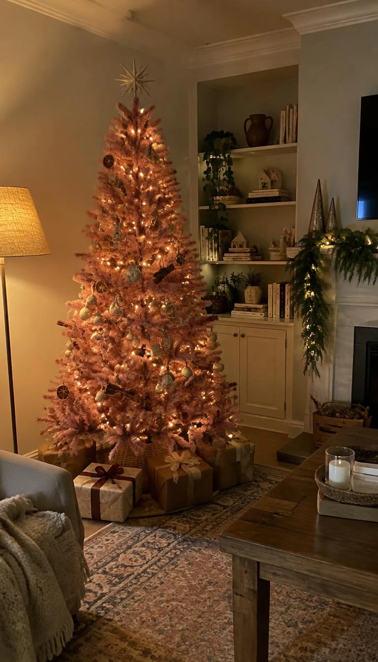 Scatter Dried Orange Slices on Muted Pink Boughs A candid, realistic iPhone photograph of a living room with a Christmas tree, highlighting a muted pink tree decorated with translucent dried citrus wheels, cinnamon bundles, warm floor lamp light, and rustic cozy living room finishes