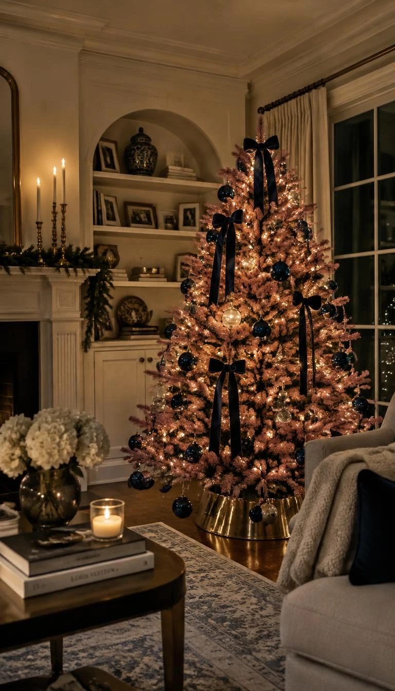 Contrast Dusty Pink with Dark Navy Velvet A candid, realistic iPhone photograph of a living room with a Christmas tree, displaying a dusty pink tree styled with midnight navy velvet ribbon bows, deep blue glass baubles, brass candlesticks, and warm evening lighting