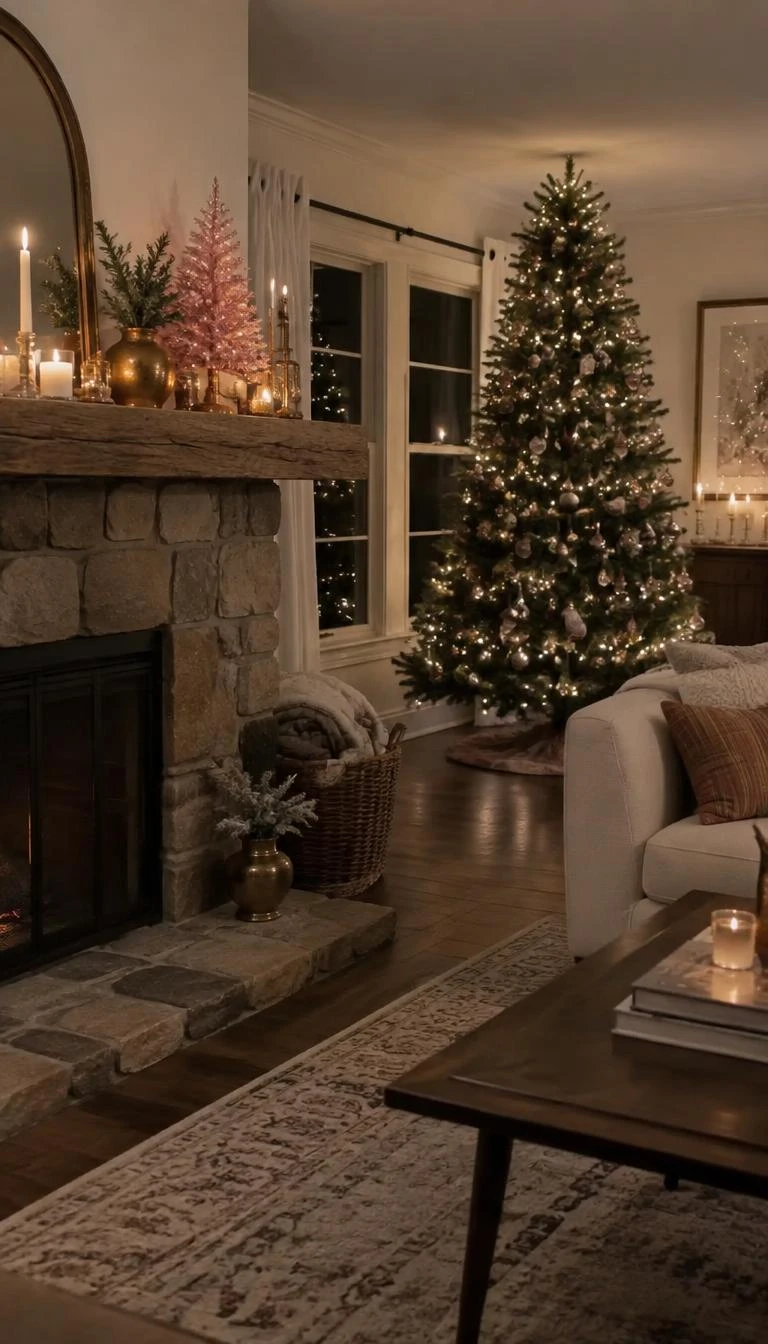 Stand a Mini Pink Tinsel Tree on a Stone Mantelpiece A candid, realistic iPhone photograph of a living room with a Christmas tree, displaying a two foot pink tinsel mini tree perched on a rough stone fireplace mantel, surrounded by beeswax candles, soft evening glow, and calm room styling