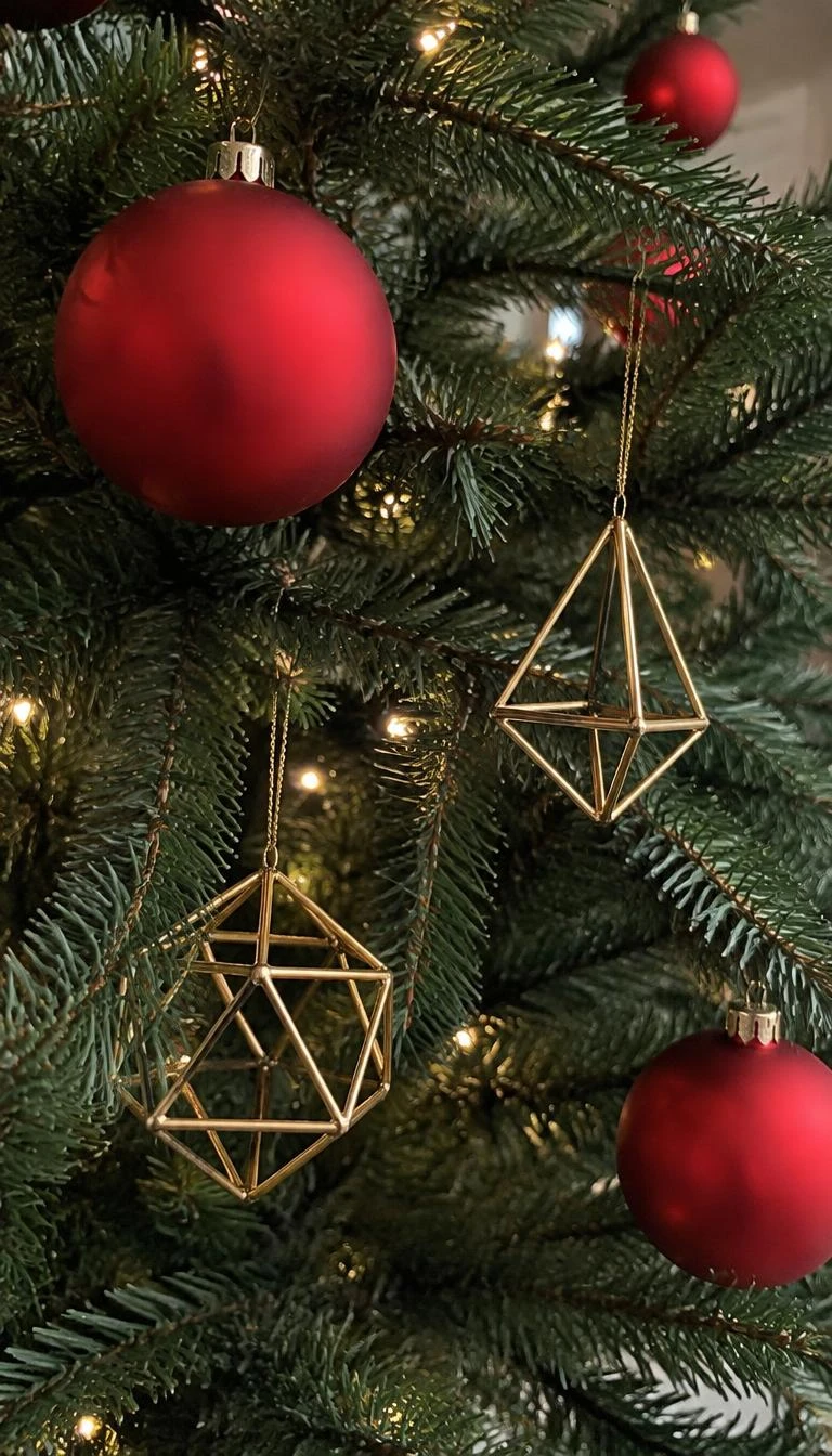 Mix Matte Vermilion Balls With Spun Gold Wire Ornaments A candid, realistic iPhone photograph of an evergreen Christmas tree up close, showing chalky matte vermilion red round ornaments paired with delicate openwork spun gold wire geometric pendants
