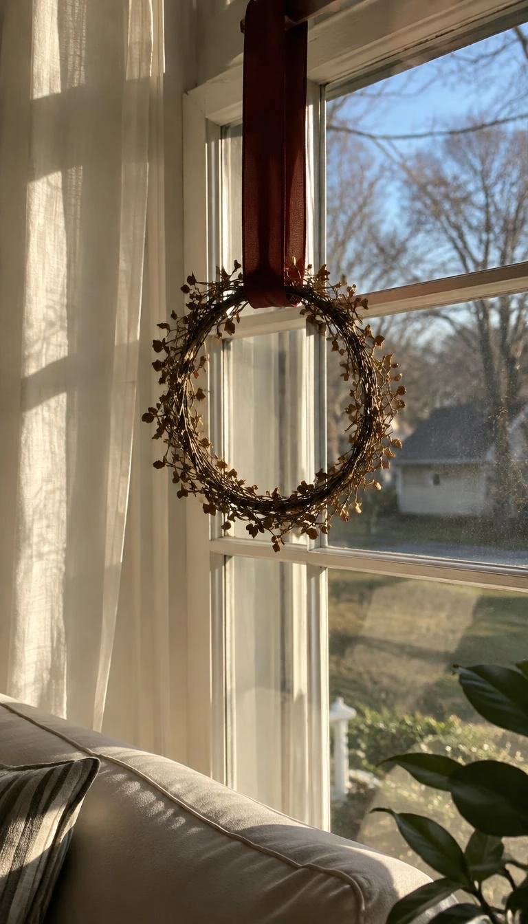 Frame Windows With Deep Maroon Ribbon And Gilt Wreaths A candid, realistic iPhone photograph of a sunlit living room window hung with a small delicate dried vine wreath brushed with dull gold paint, suspended by a wide maroon grosgrain ribbon