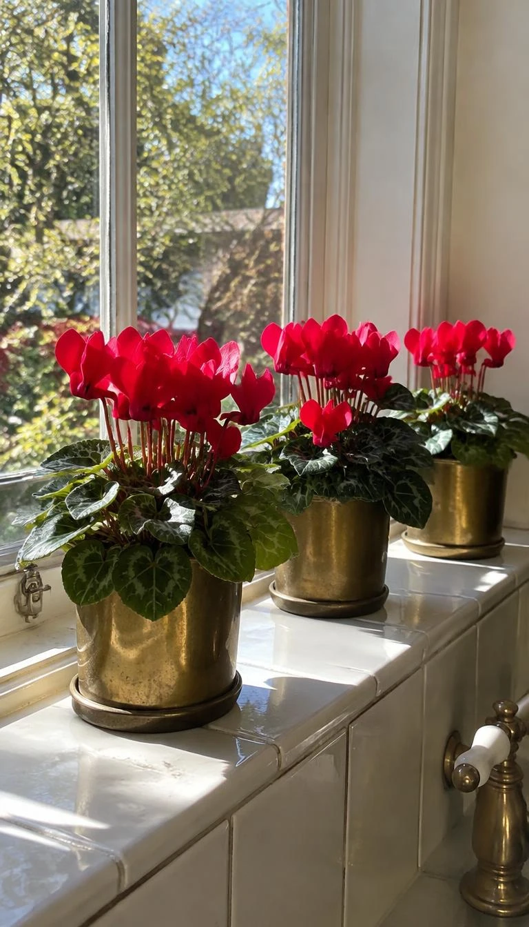 Set Miniature Brass Planters With Red Winter Cyclamen A candid, realistic iPhone photograph of a sunny kitchen window sill lined with three small aged brass cylindrical pots containing blooming red cyclamen flowers with silver veined green leaves