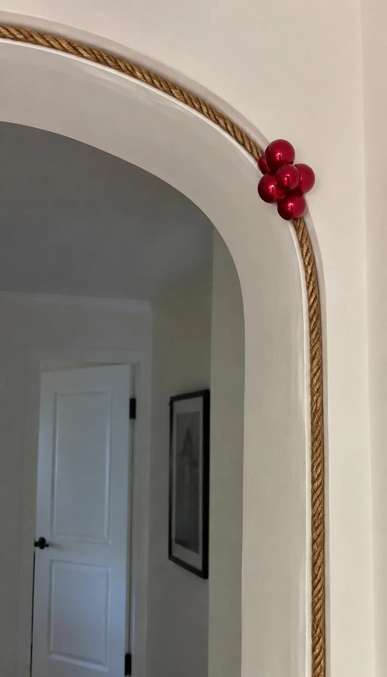 Border A Doorway With Gilded Rattan And Red Bauble Clusters A candid, realistic iPhone photograph of an arched white doorway trimmed with natural thin gilded rattan rope, accented at the corner arch with a tight cluster of small glass red balls