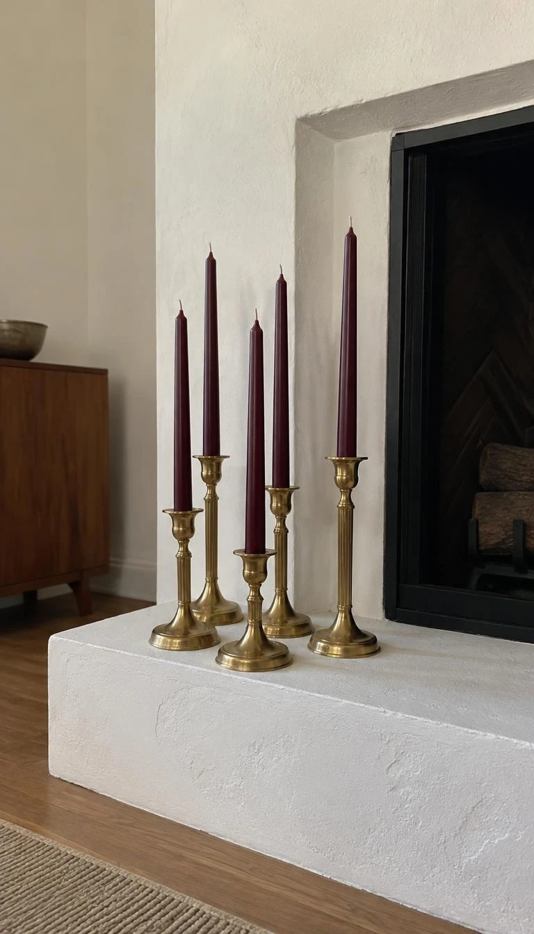 Display Fluted Brass Candlesticks With Dark Wine Tapers A candid, realistic iPhone photograph of a white plaster living room fireplace hearth holding a cluster of five fluted solid brass candlesticks fitted with slim dark wine wax taper candles