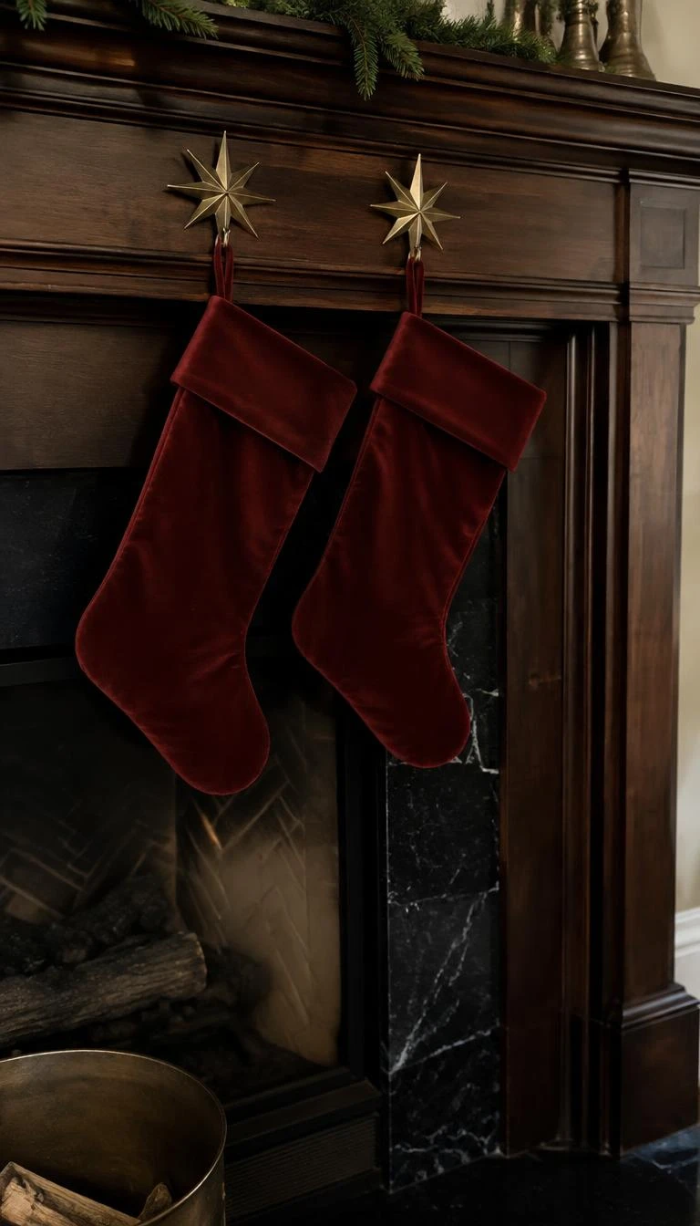 Hang An Antiqued Brass Star Over A Dark Red Velvet Stocking A candid, realistic iPhone photograph of a dark wood fireplace surround where two deep brick red cotton velvet stockings hang beneath a pair of flat eight pointed antiqued brass stars