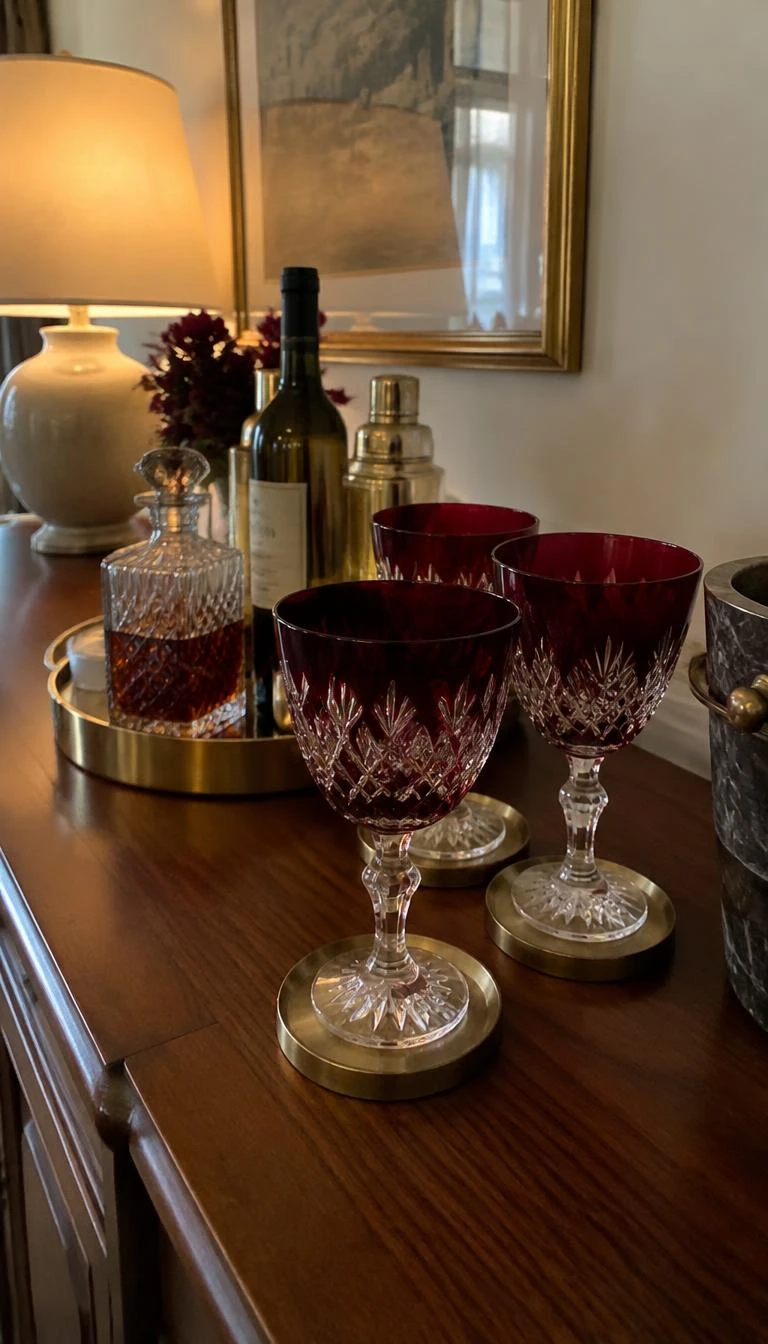 Scatter Brushed Gold Coasters Under Ruby Cut Glass Goblets A candid, realistic iPhone photograph of an oak sideboard set for drinks, showing heavy ruby red crystal wine glasses resting on heavy brushed gold metal disc coasters