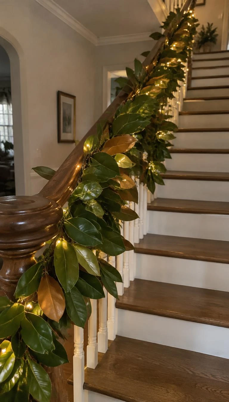 Weave Muted Gold Fairy Wire Through Preserved Magnolia Leaves A candid, realistic iPhone photograph of a wide wooden staircase banister wrapped in glossy green and brown magnolia garland, woven with warm micro fairy lights on faint gold wire