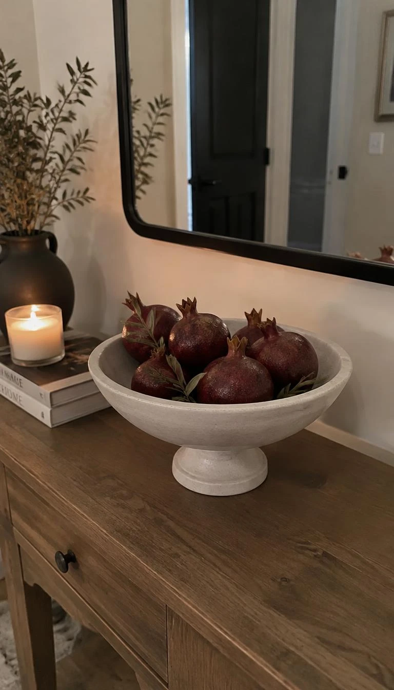 Combine Dried Pomegranates With Antiqued Gilded Leaves A candid, realistic iPhone photograph of an entryway console table topped with a wide footed ceramic bowl filled with whole dried dark red pomegranates and subtle dull gold preserved bay leaves