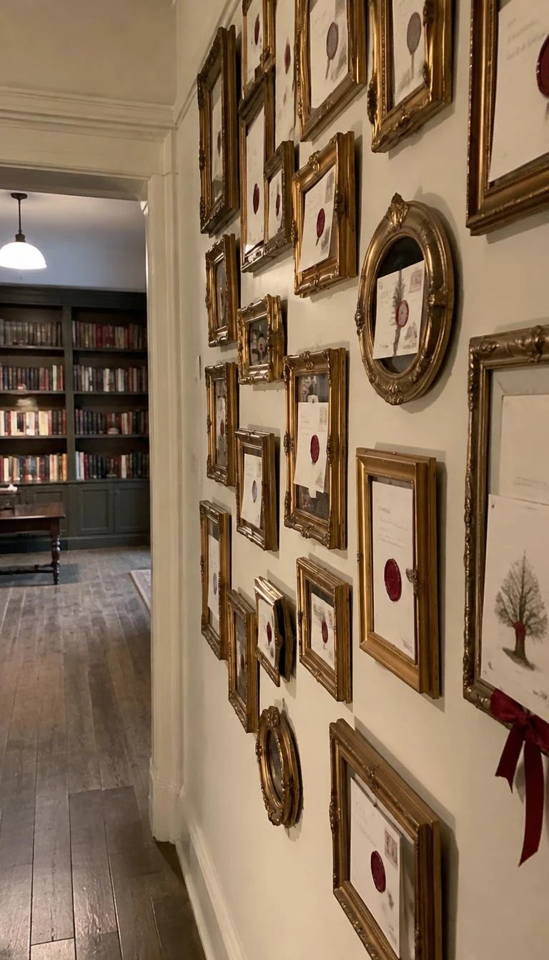 Layer Gilded Picture Frames With Scarlet Wax Seals A candid, realistic iPhone photograph of a library hallway wall covered in small vintage ornate gold picture frames, with cream paper holiday cards sealed with dark scarlet wax tucked inside the borders