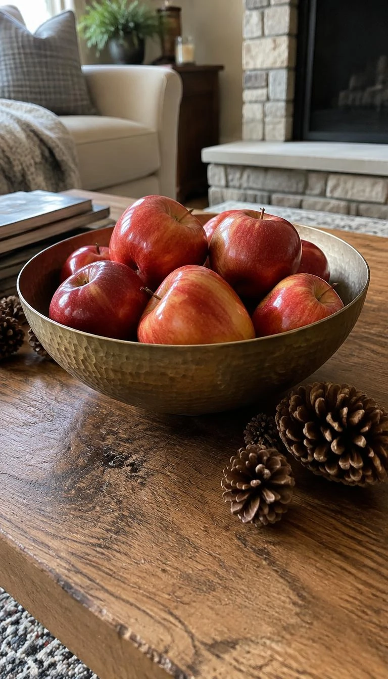 Place A Low Brass Bowl Filled With Red Winter Apples A candid, realistic iPhone photograph of a rustic coffee table featuring a shallow round hammered brass bowl filled with shiny polished red gala apples, surrounded by a few pinecones