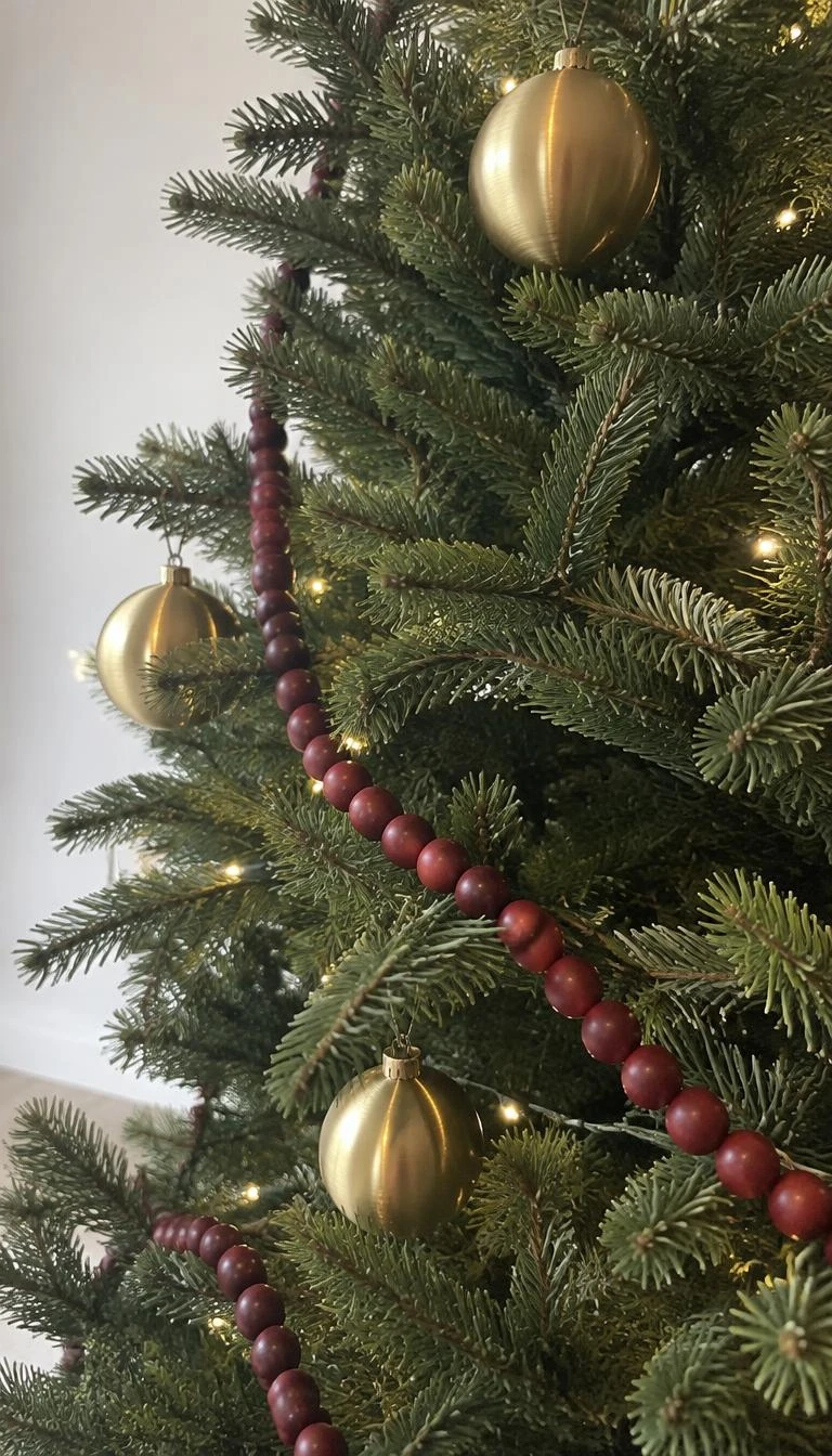 Thread Burgundy Wood Beads Beside Satin Brass Spheres A candid, realistic iPhone photograph of a tall green spruce tree branch displaying matte burgundy painted wooden bead garland draped softly next to brushed satin brass ball ornaments