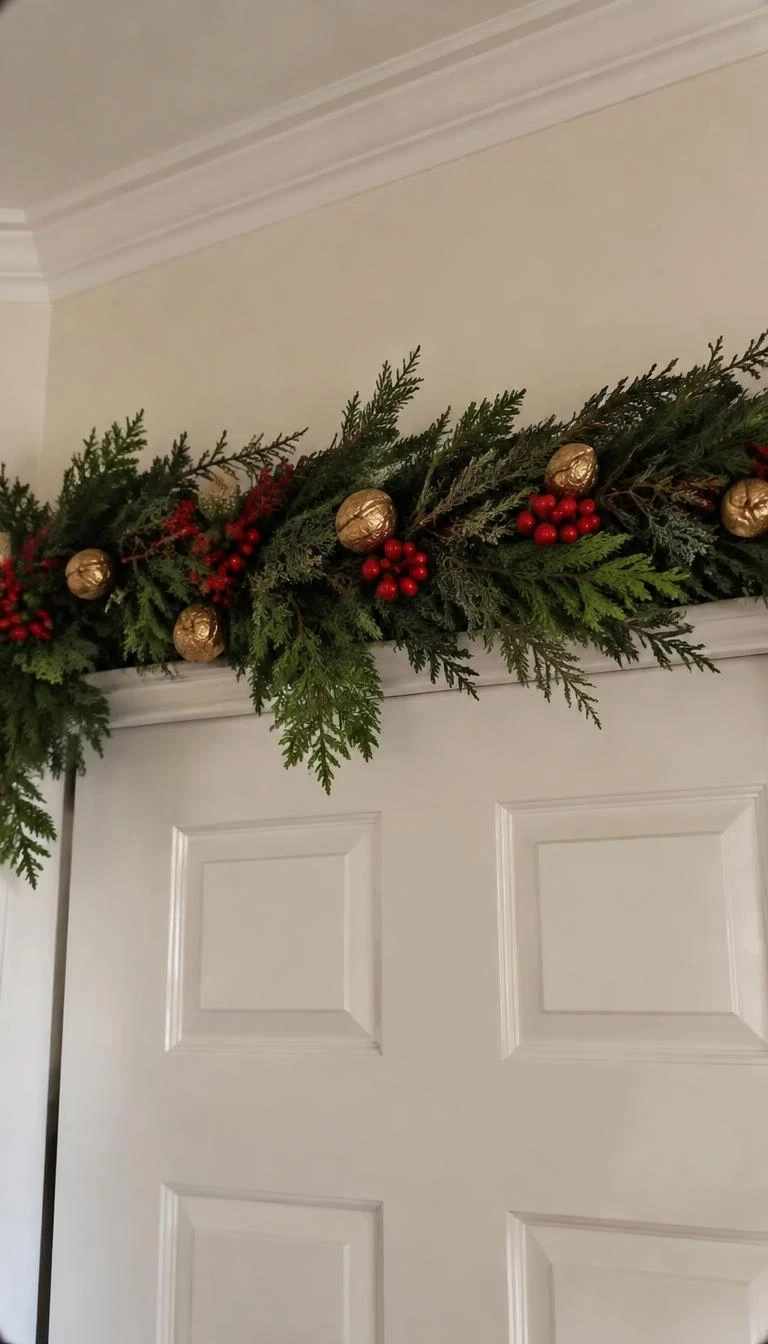 Tuck Gilded Walnut Shells Into Scarlet Berry Cedar Swags A candid, realistic iPhone photograph of an interior door top holding a lush horizontal swag of cedar greens and red berries, studded with natural whole walnuts finished in dull gold leaf