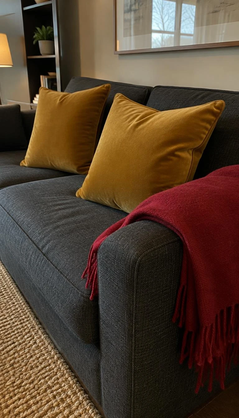 Contrast Ochre Velvet Cushions With Scarlet Wool Throws A candid, realistic iPhone photograph of a charcoal wool sofa styled with two square ochre gold velvet accent pillows and a folded thick scarlet wool fringed throw blanket