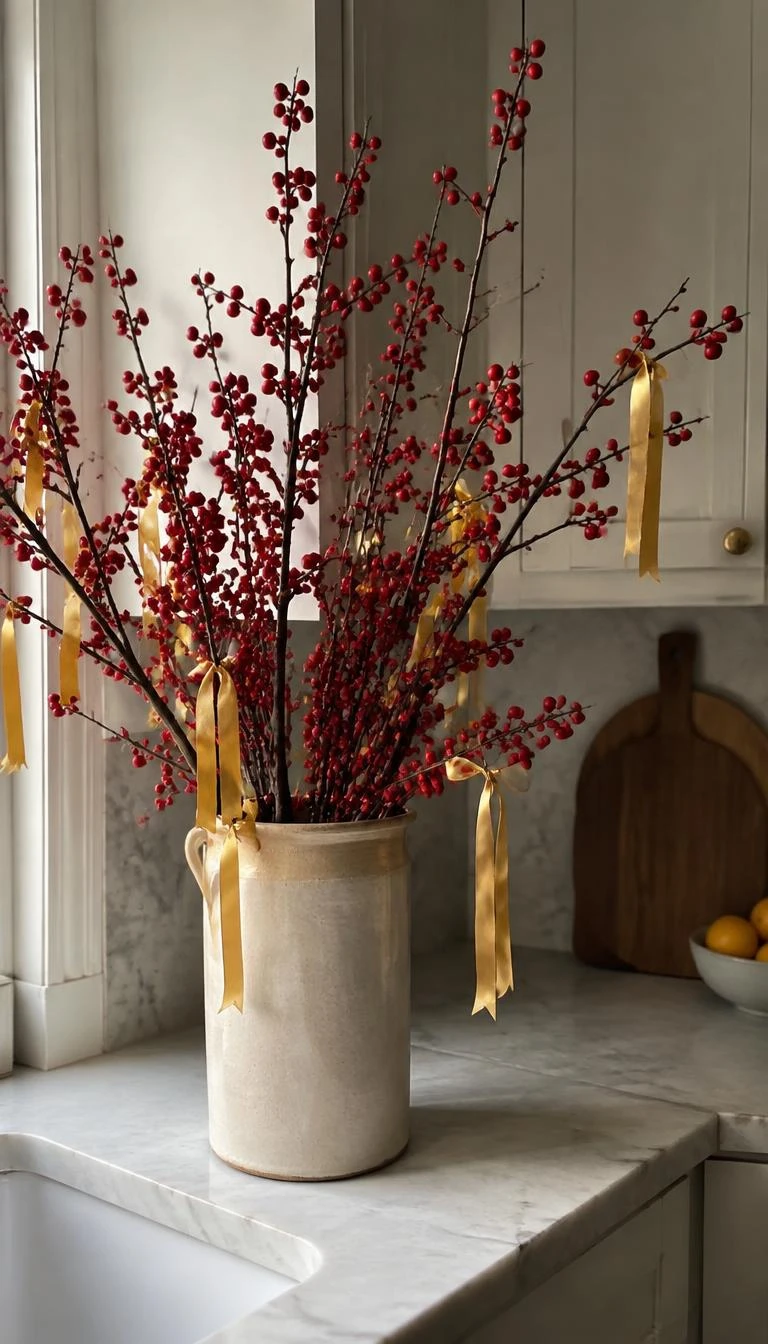Tie Slender Ochre Ribbons To Crimson Berry Branches A candid, realistic iPhone photograph of a kitchen counter with a tall earthenware crock filled with fresh winterberry branches, accented by thin ochre gold silk ribbons tied loosely to several twigs