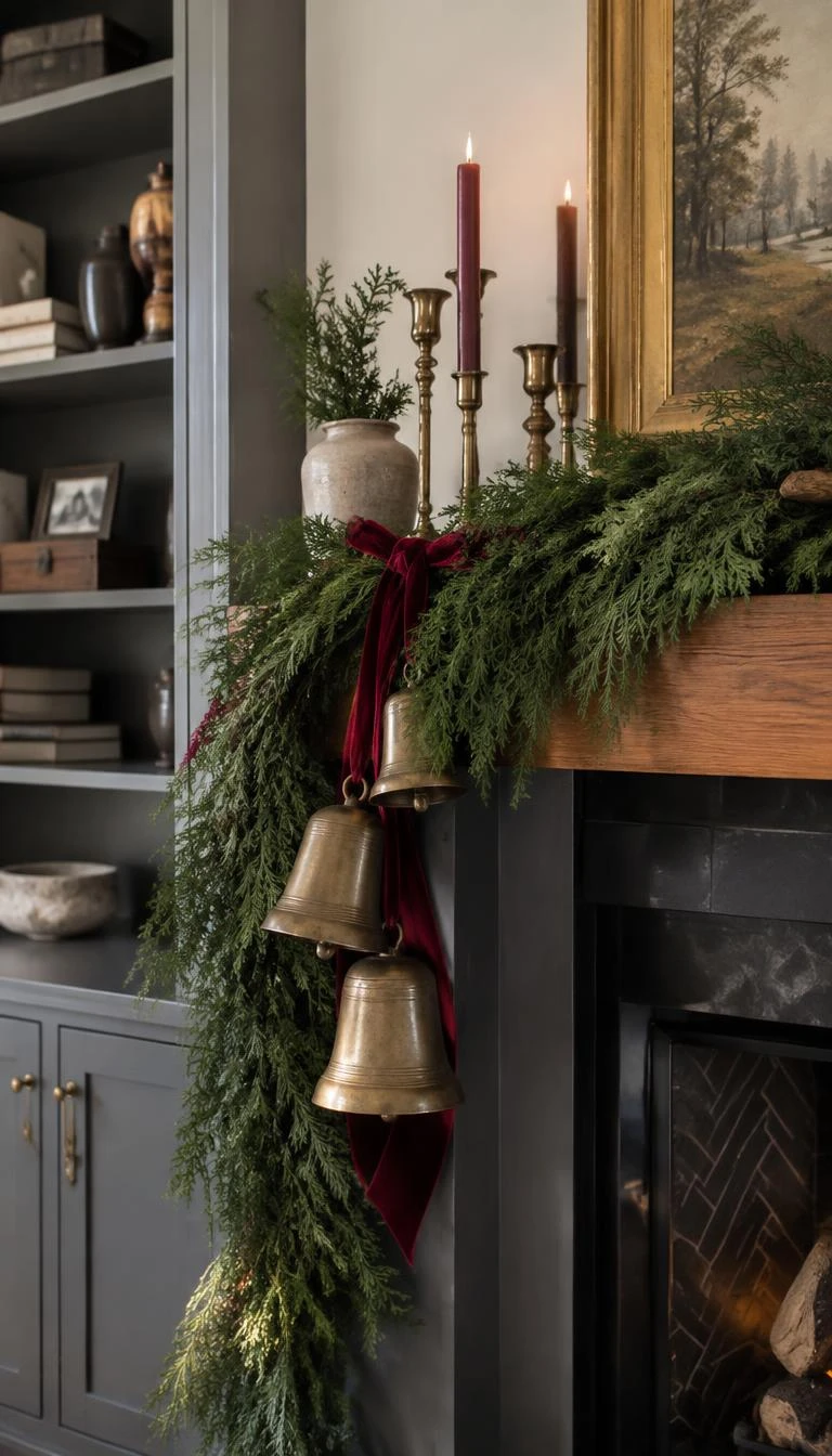 Hang Raw Brass Bells With Muted Cranberry Velvet Ribbon A candid, realistic iPhone photograph of a living room fireplace mantle draped with fresh cedar garland, showing heavy raw brass bells tied with thick cranberry velvet ribbon hanging gently off the wooden shelf