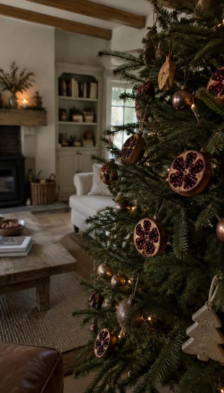 A candid, realistic iPhone photograph of a living room with a Christmas tree, sliced dried pomegranates with dark red seeds wired onto green branches, soft natural light, quiet rustic interior.