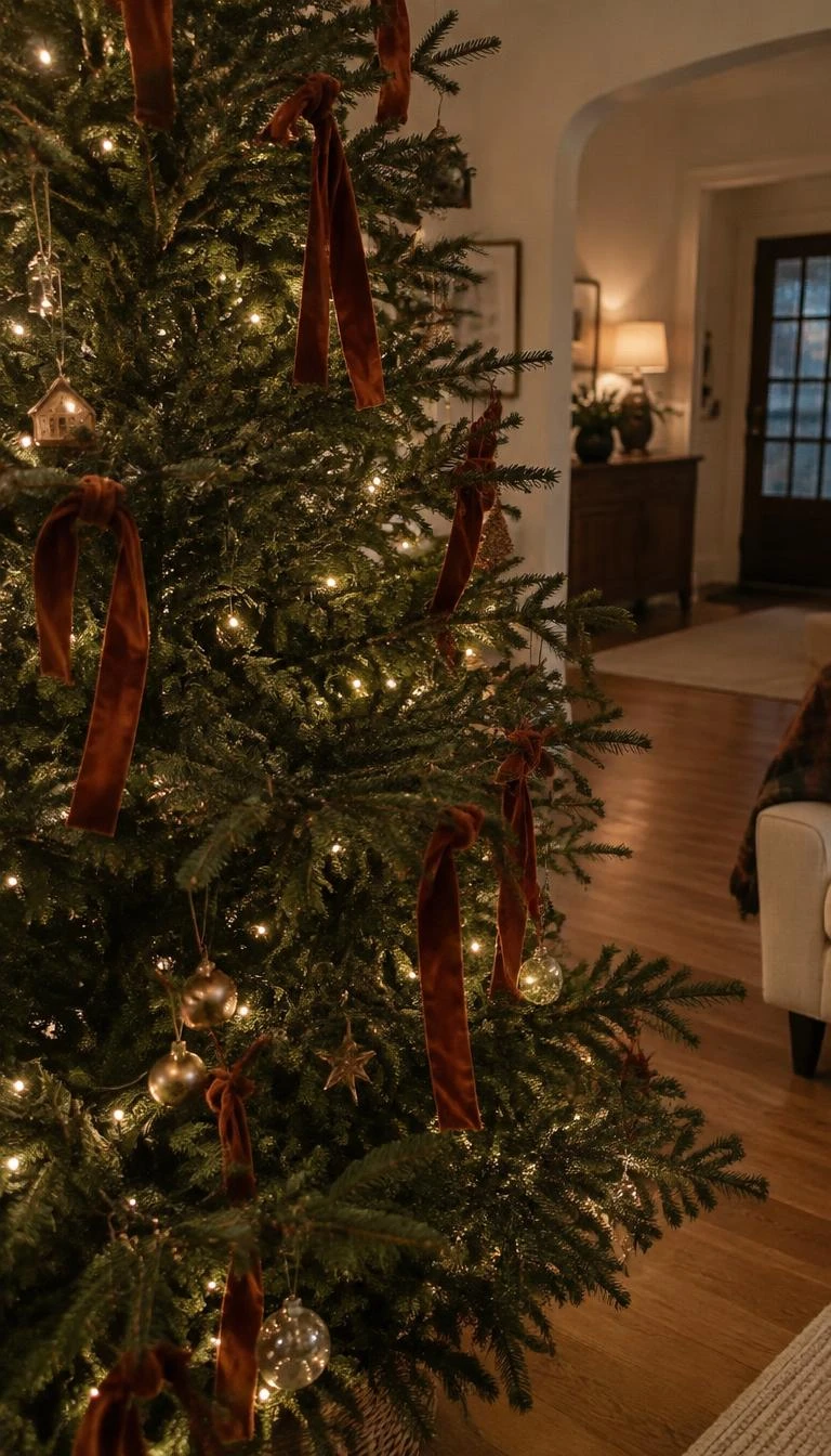 A candid, realistic iPhone photograph of a living room Christmas tree, showing noble fir branches decorated with thin raw edge rust red velvet ribbons tied in simple knots, warm ambient lighting, natural wooden floorboards visible in the background.