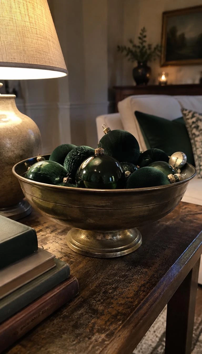 A candid, realistic iPhone photograph of a living room side table holding an antique brass footed bowl filled with velvet and matte dark forest green glass ornaments, soft ambient lamp glow, worn timber surface.