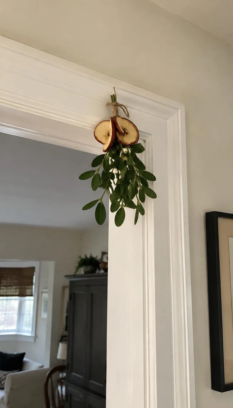 A candid, realistic iPhone photograph of a doorway cased opening hung with a small mistletoe bunch tied with dried red skinned apple slices and twine, cream walls, simple home interior details.