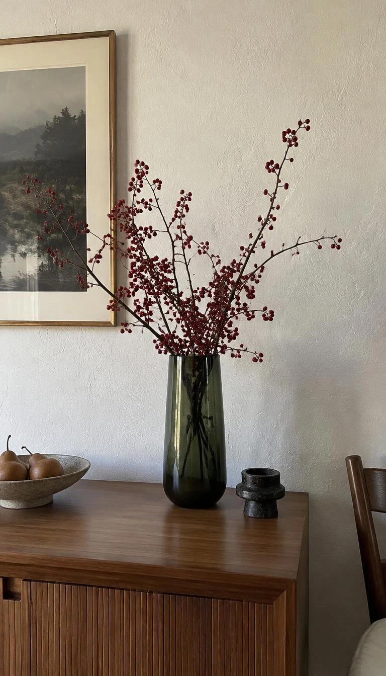A candid, realistic iPhone photograph of a dining room sideboard featuring a tall smoked olive green glass vase filled with stiff hawthorn berry branches, textured plaster wall behind, quiet natural winter daylight.