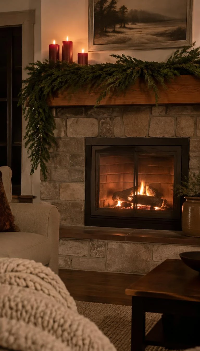 A candid, realistic iPhone photograph of a living room fireplace mantel draped with an asymmetrical fresh cedar garland, three oxblood pillar candles resting on the stone shelf, warm fireplace glow, cozy winter evening ambiance.