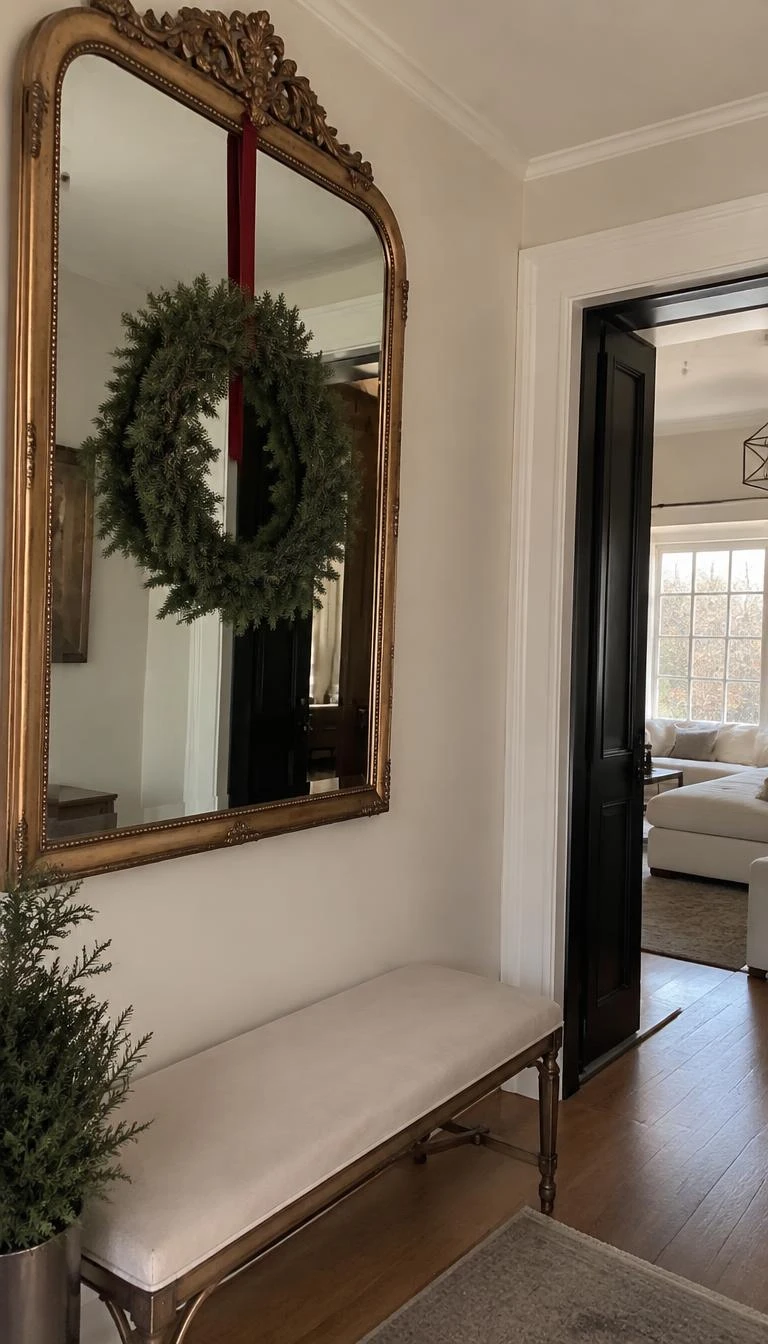 A candid, realistic iPhone photograph of an entryway with a gilded wall mirror, a delicate noble fir wreath hanging over the glass by a thin crimson silk cord, soft daylight reflecting in mirror.