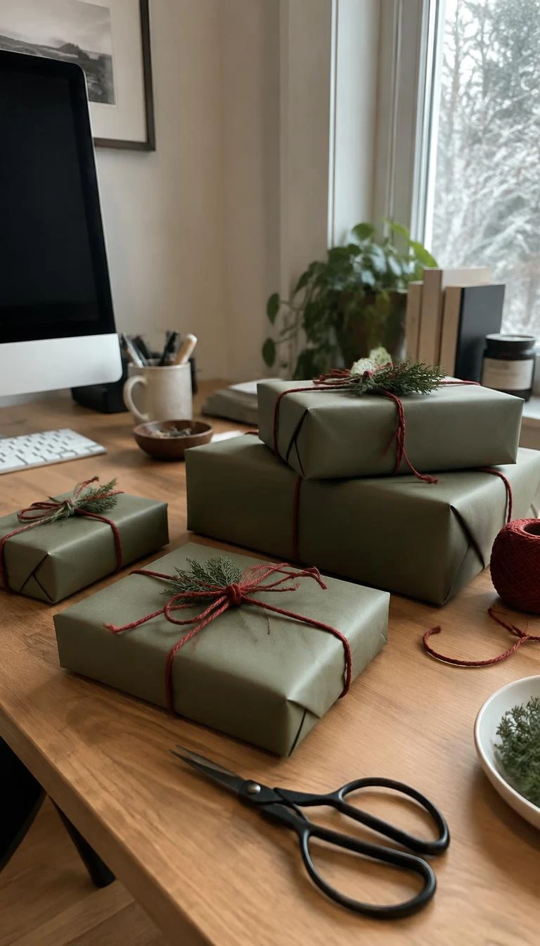 A candid, realistic iPhone photograph of a home office desk with parcels neatly wrapped in matte olive green butcher paper, tied with crimson cotton twine and tucked cedar sprigs, soft morning window light, scissors lying nearby.