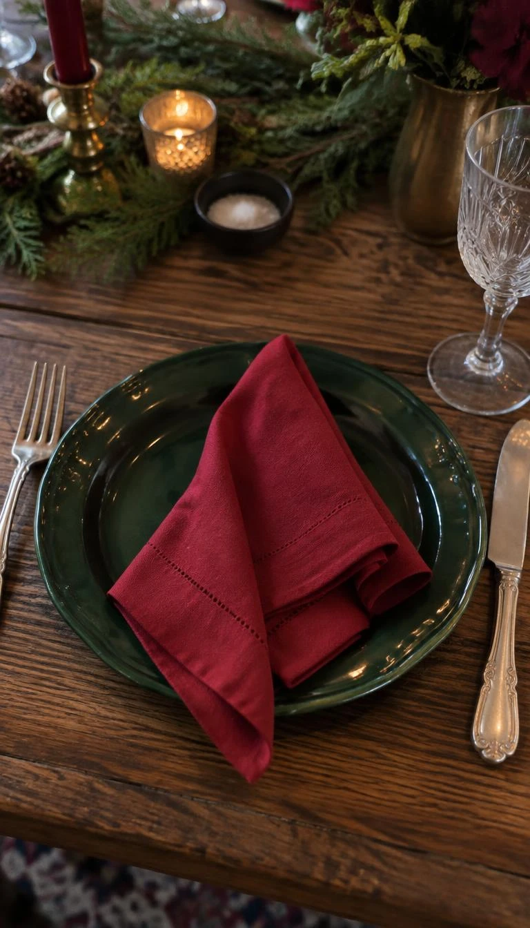 A candid, realistic iPhone photograph of a holiday table place setting with a hunter green ironstone plate, folded madder red cotton napkin, vintage flatware, rustic wooden table surface.