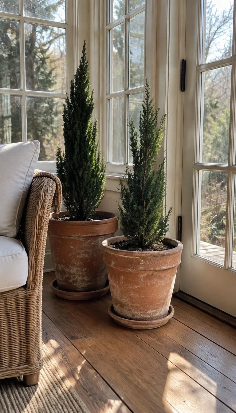 A candid, realistic iPhone photograph of a sunroom corner showing two miniature cypress trees growing in weathered terracotta pots with natural white mineral patina, floorboards with warm afternoon sunlight.
