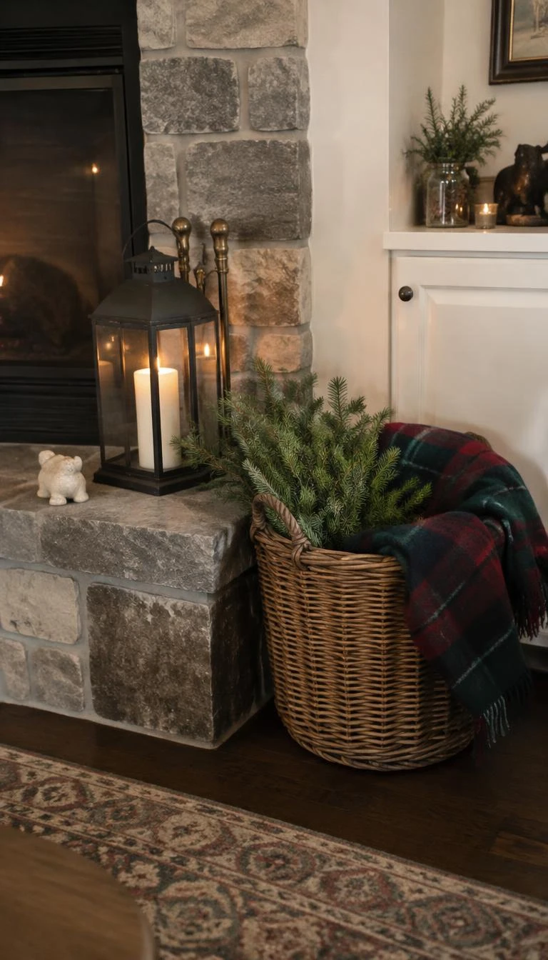 A candid, realistic iPhone photograph of a cozy living room hearth corner with a split willow basket holding freshly cut spruce branches and a folded dark green and red wool plaid throw blanket.