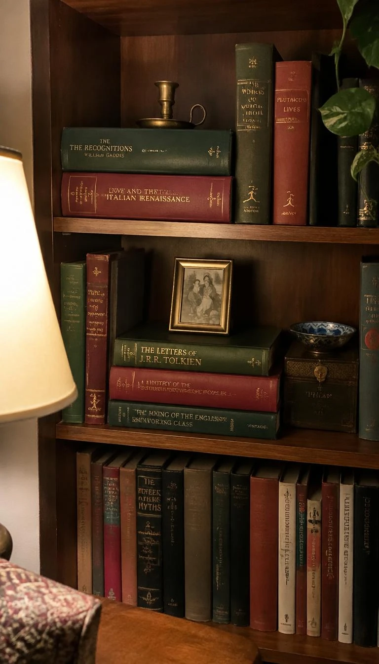 A candid, realistic iPhone photograph of a study bookshelf styled with small horizontal stacks of vintage forest green and wine red cloth bound books, topped with a small brass candle holder, warm study lamp light.