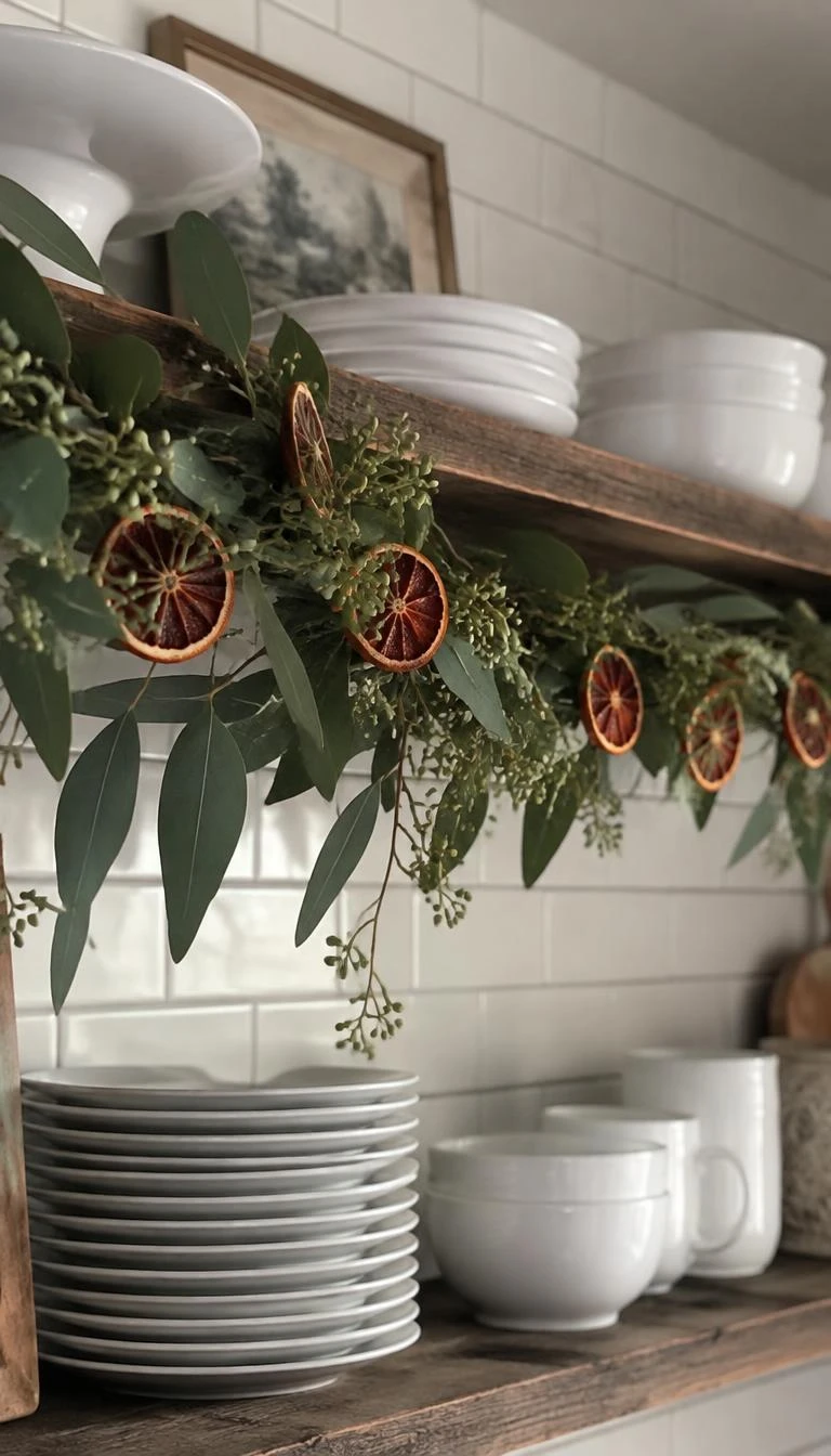 A candid, realistic iPhone photograph of a kitchen open shelf styled with a fresh seeded eucalyptus garland woven with dehydrated blood orange rounds, white ceramic dishes in the background, soft daylight.