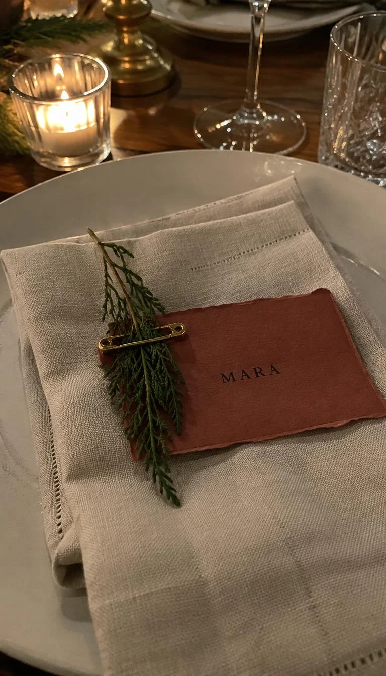 A candid, realistic iPhone photograph of a formal dinner place setting showing a torn edge red ochre cardstock place card, pinned with a fresh cedar sprig using a tiny brass safety pin, linen napkin.
