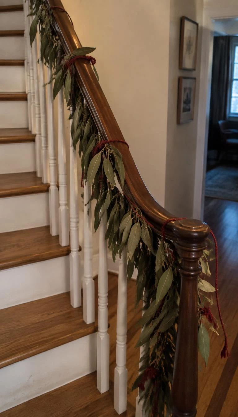 A candid, realistic iPhone photograph of a staircase banister wrapped with a dried bay leaf garland, tied at intervals with brick red wool yarn, neutral wall paint, warm hallway floorboards, authentic home setting.