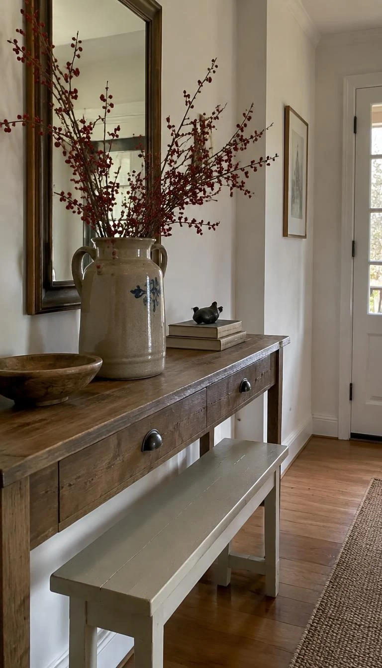 A candid, realistic iPhone photograph of an entryway console table with a tall vintage salt glaze stoneware pitcher filled with leafless branches holding clustered red winter berries, soft natural light, simple painted wood bench.