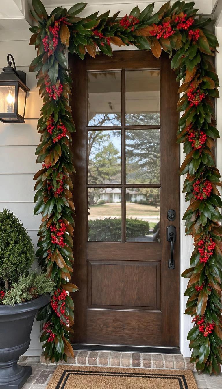 A candid, realistic iPhone photograph of a front porch doorway framed by a lush garland of glossy green magnolia leaves with brown velvety undersides, dotted with clusters of bright red hawthorn berries, outdoor daylight.