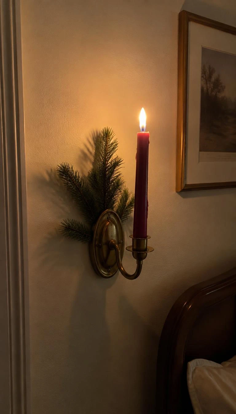 A candid, realistic iPhone photograph of a cozy bedroom wall featuring an aged brass candle sconce holding a tall dark burgundy taper candle, a pine sprig tucked behind, soft evening candlelight casting warm shadows.