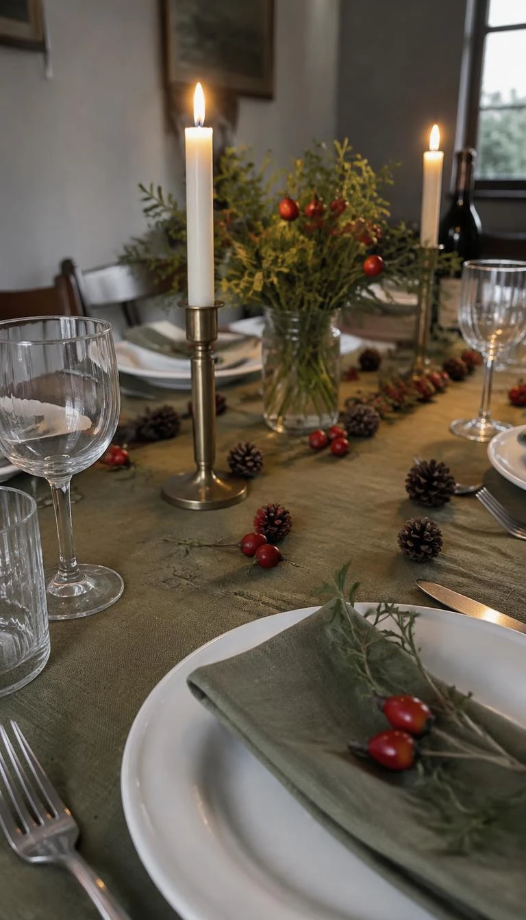 A candid, realistic iPhone photograph of a dining table decorated with an olive green washed linen runner, scattered small spruce pine cones, fresh bright red rose hips, simple white porcelain dinnerware.