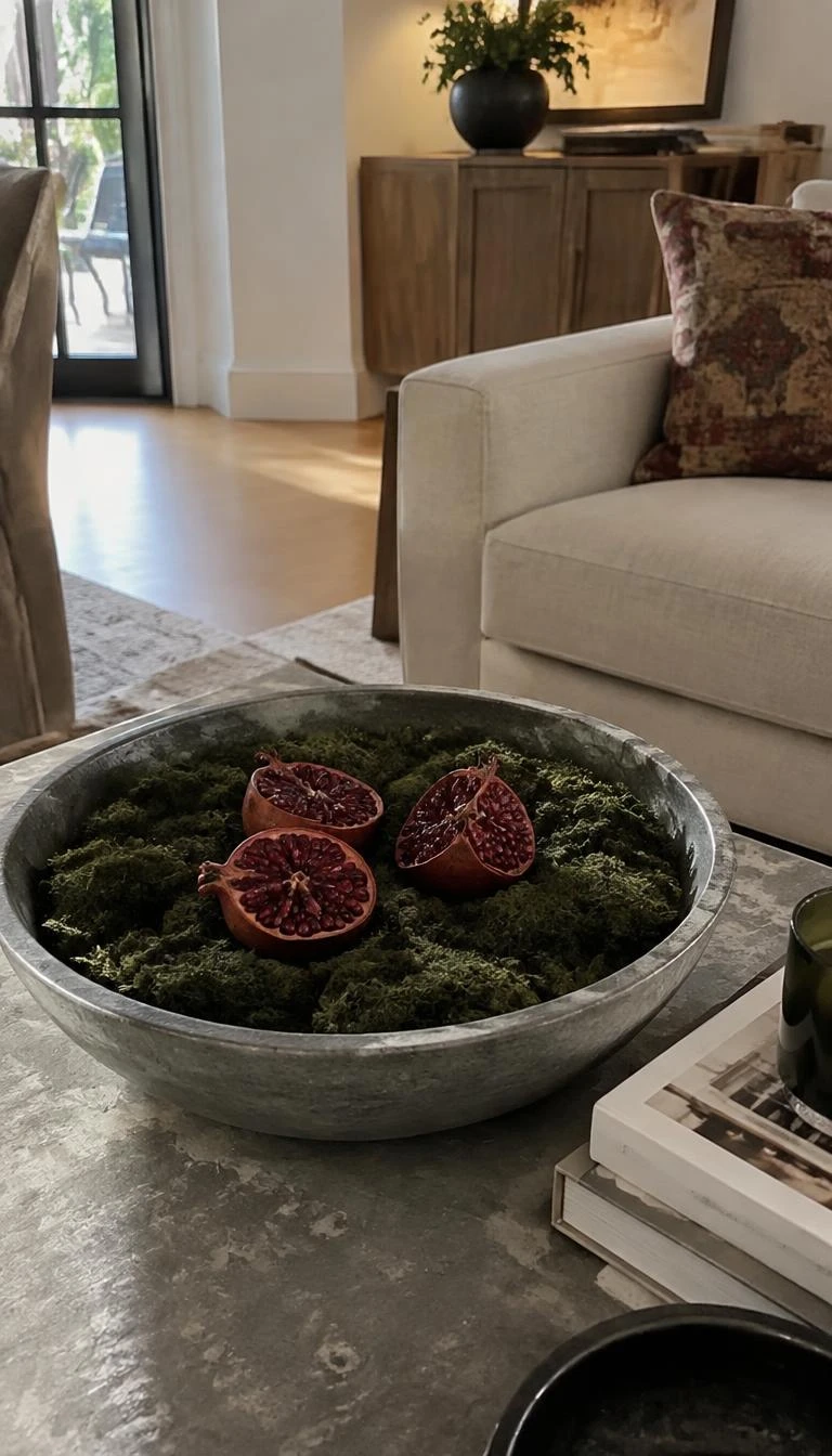 A candid, realistic iPhone photograph of a living room coffee table featuring a wide grey stone bowl filled with dark green preserved moss, topped with three dried ruby red pomegranate halves, matte surface textures, soft window light.