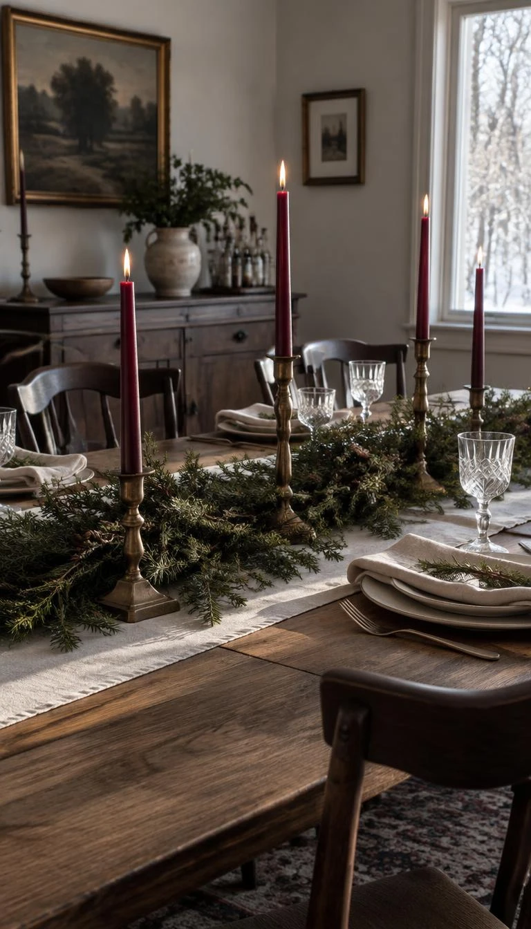 A candid, realistic iPhone photograph of a dining room table set with matte burgundy taper candles in aged brass holders, surrounded by fresh juniper boughs, natural linen napkins, soft afternoon winter light, subtle shadows, realistic home interior detail.