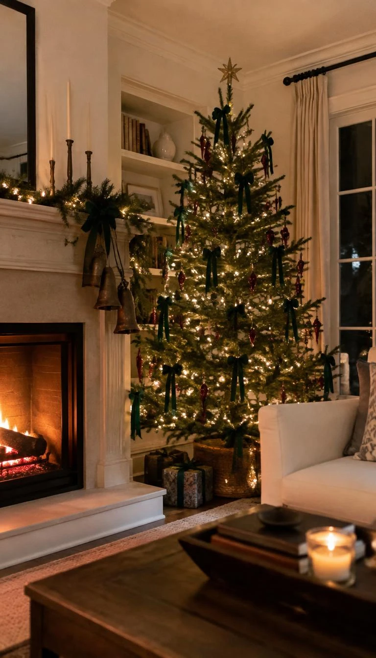A candid, realistic iPhone photograph of a living room with a Christmas tree detailed with narrow forest green grosgrain ribbon bows, ruby glass icicles, warm gentle lights, and a warm hearth nearby.