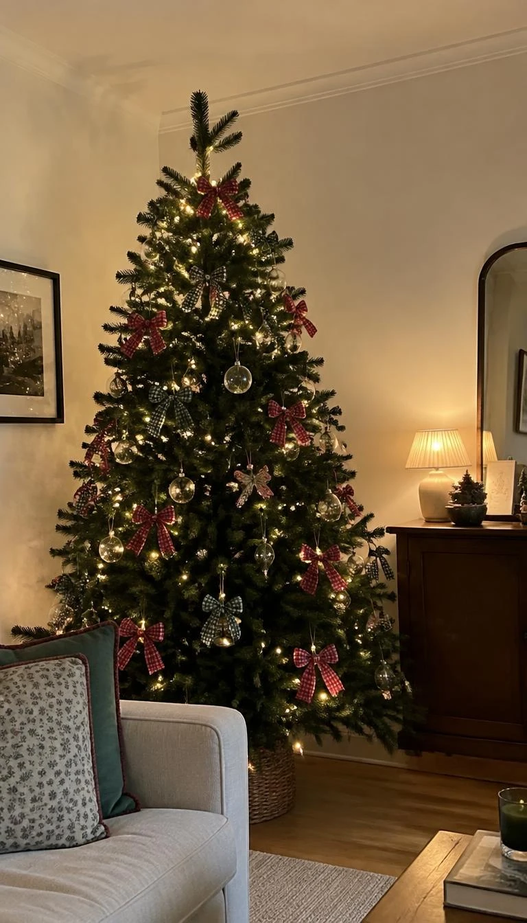 A candid, realistic iPhone photograph of a living room with a Christmas tree adorned with small red and green gingham bows, delicate clear glass baubles, warm fairy lights, and an off-white wall background.