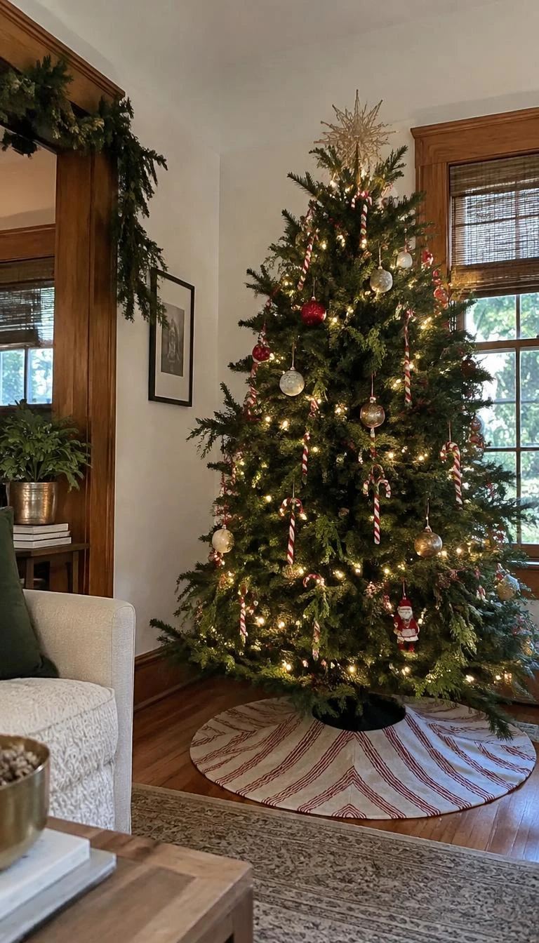 A candid, realistic iPhone photograph of a living room with a Christmas tree featuring red and white striped handblown glass canes, fresh cedar branch sprigs, warm white lights, and wood trim.