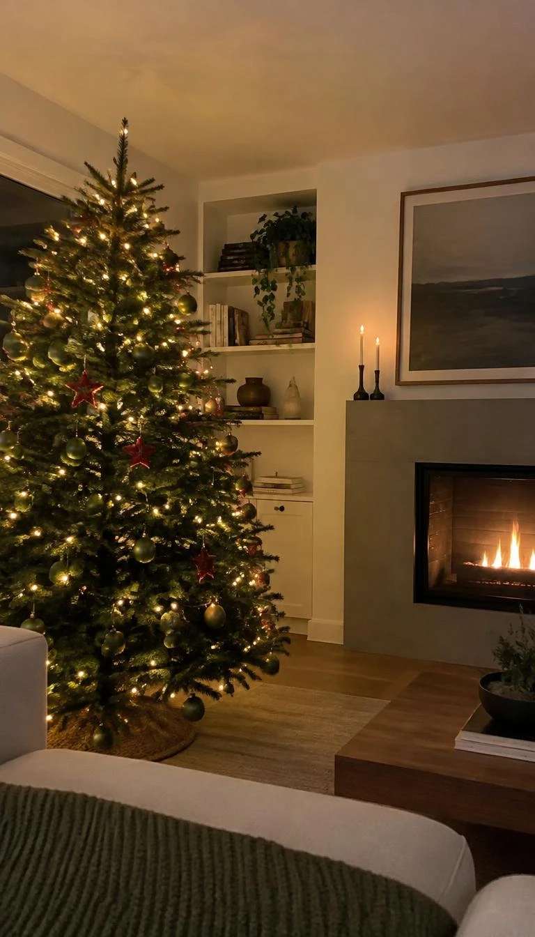 A candid, realistic iPhone photograph of a living room with a Christmas tree displaying chartreuse lime glass globes, handmade brick red wool felt stars, soft incandescent lighting, and a modern minimal fireplace.