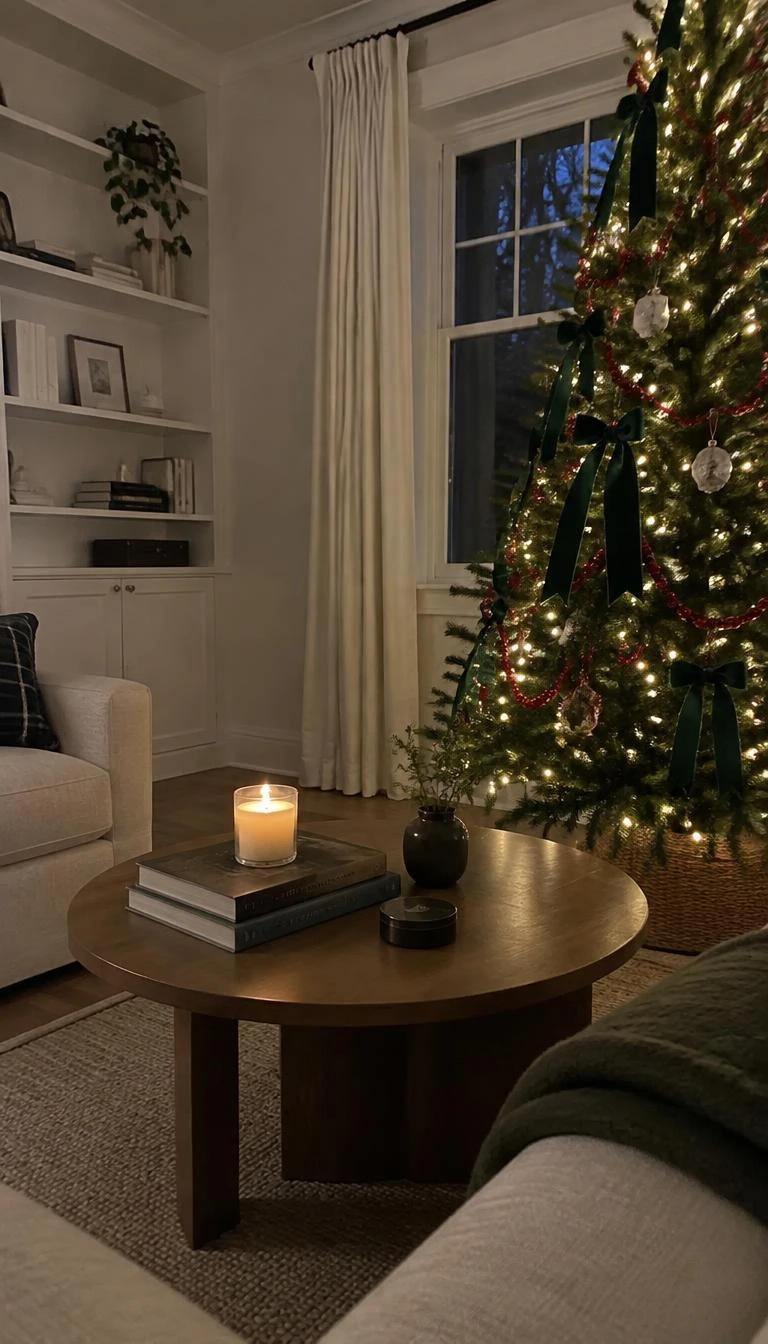 A candid, realistic iPhone photograph of a living room with a Christmas tree draped in loose cranberry bead garlands, dark forest wool ribbon, glowing small lights, and a clean wood side table.