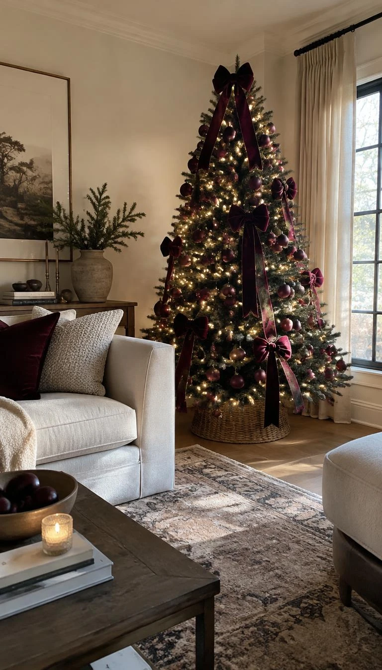 A candid, realistic iPhone photograph of a living room with a Christmas tree decorated with burgundy velvet ribbons, dark spruce needles, warm string lights, matte wine-colored glass balls, a linen sofa nearby, and soft afternoon window light filling the room.