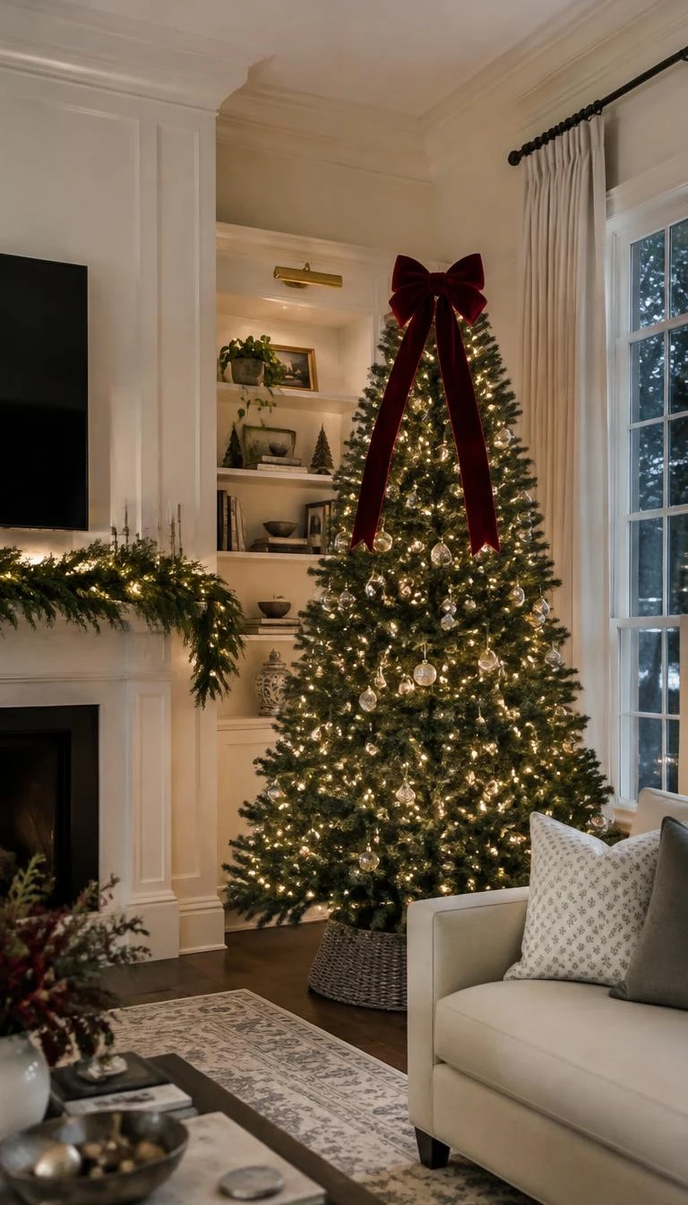 A candid, realistic iPhone photograph of a living room with a Christmas tree topped with a single wide dark red velvet bow with long flowing tails, warm lights, and tall ceiling crown moldings.