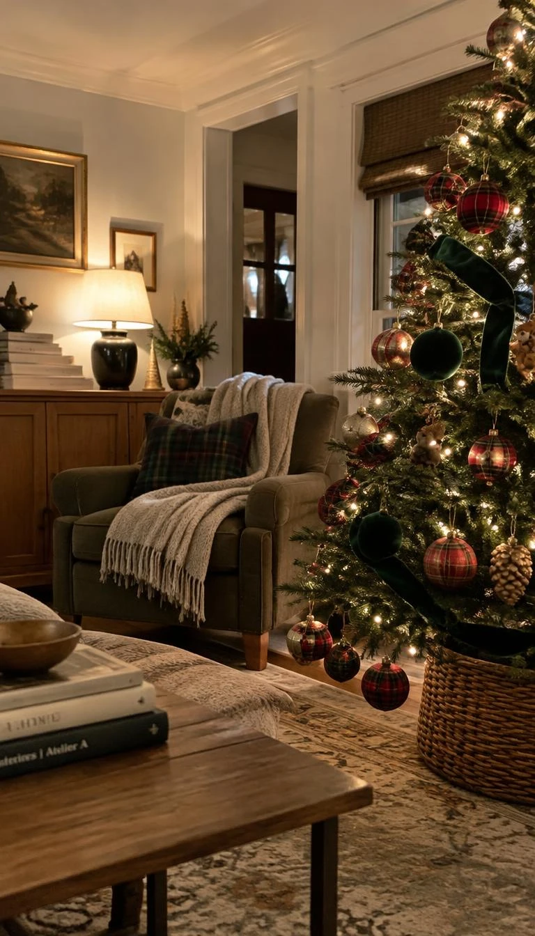 A candid, realistic iPhone photograph of a living room with a Christmas tree showing fabric tartan plaid ornaments, forest green velvet trim, incandescent lights, an armchair with a wool throw, and soft lamplight.